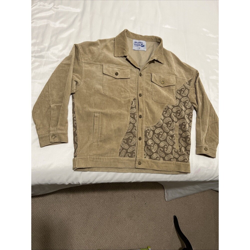 Aelfric Eden Corduroy Jacket Beige Tan Paisley Print Accents Y2K Sz L Oversized